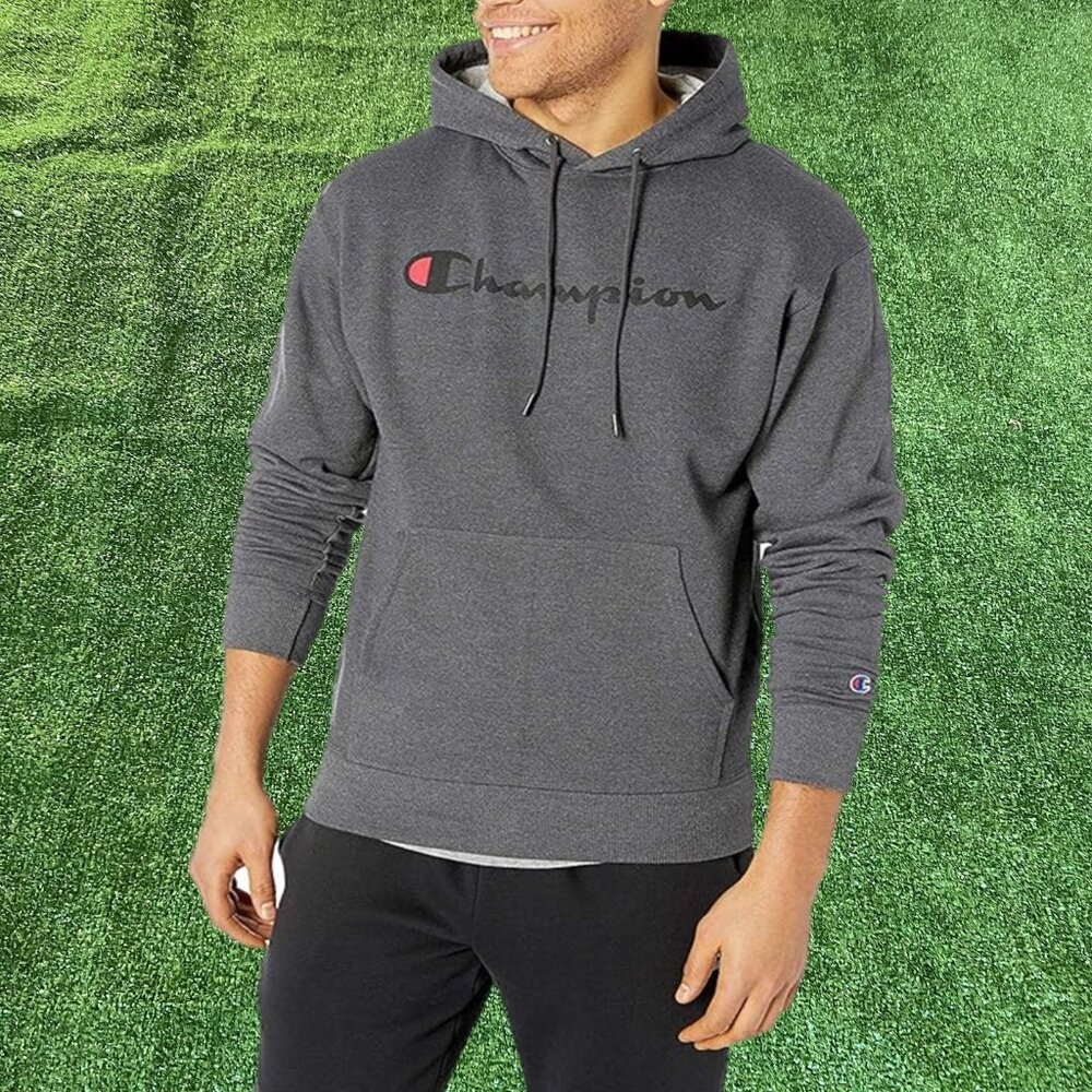 Champion Long Sleeve Powerblend Fleece Iconic Logo Grey Hoodie Sweatshirt Size L